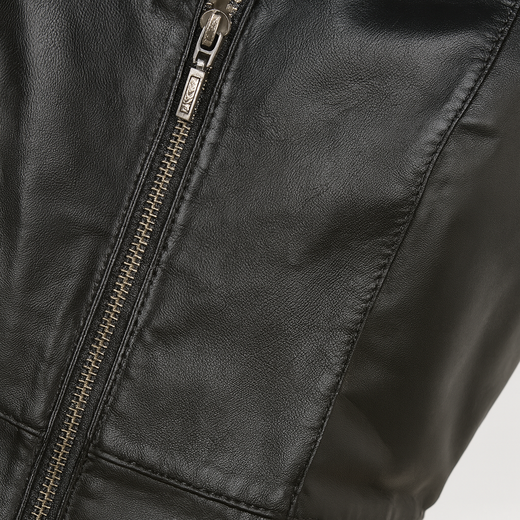 Vesta women’s leather biker vest, close-up zipper view in black.