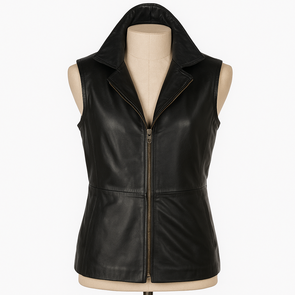 Vesta women's leather biker vest, front view with open collar and zip closure.