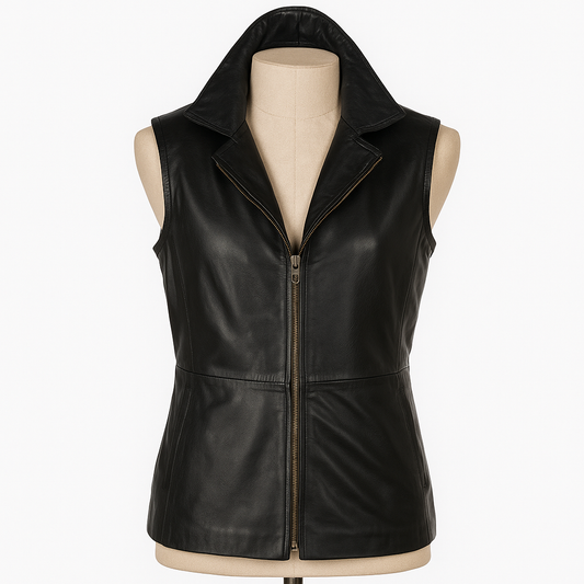 Vesta women's leather biker vest, front view with open collar and zip closure.
