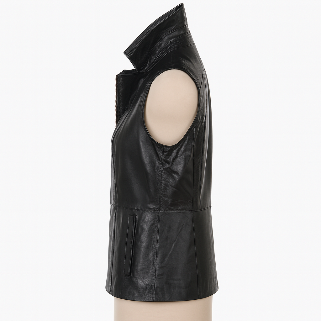 Vesta women’s leather biker vest, side view in black.