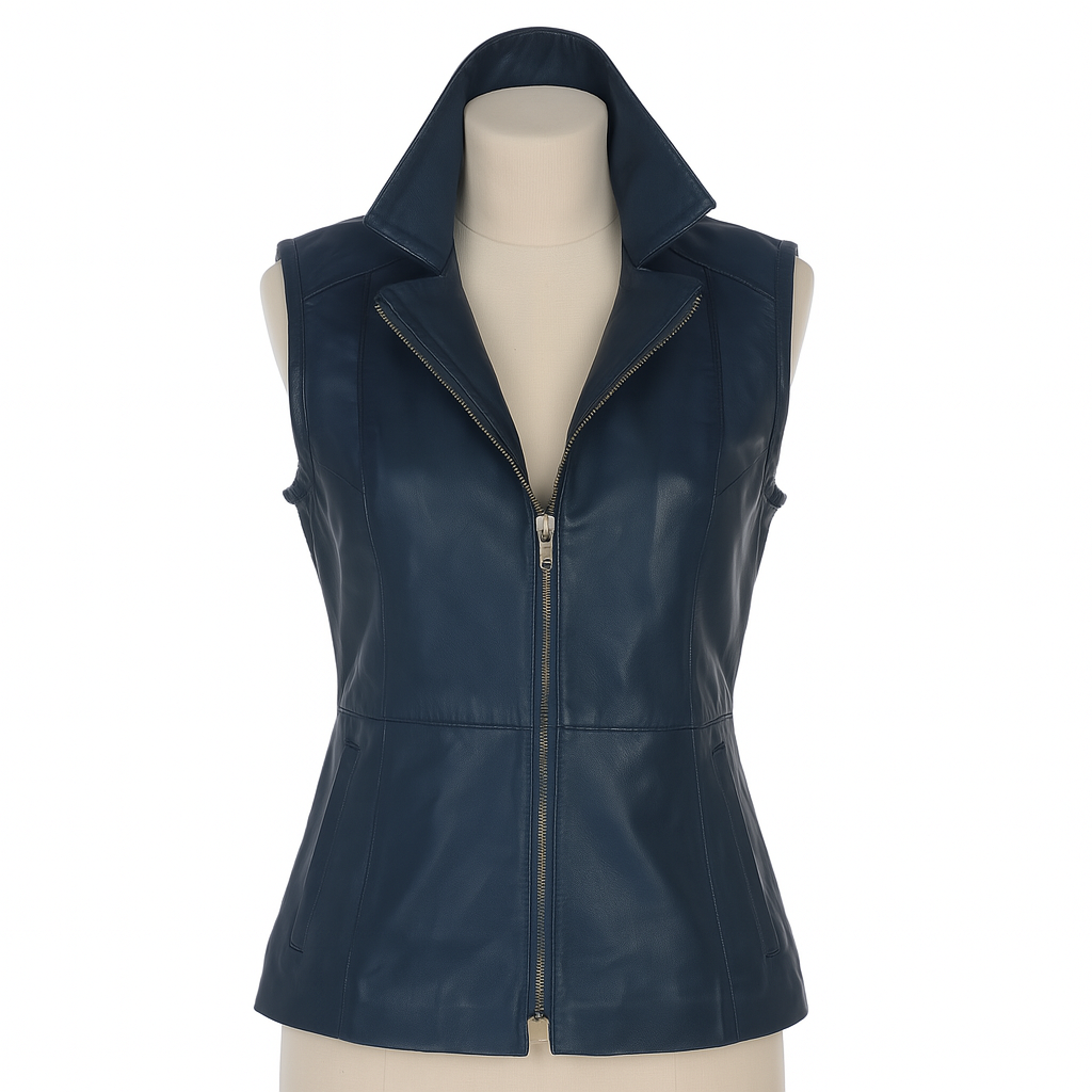 Vesta women’s leather biker vest, front view in navy blue.