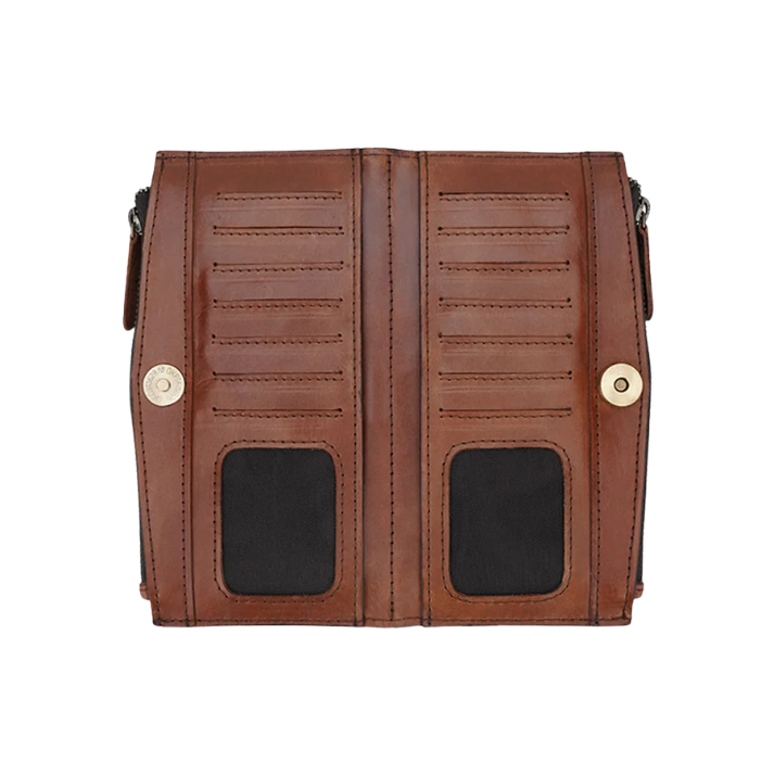 Interior view of brown zip-around wallet featuring multiple card slots and two ID windows.