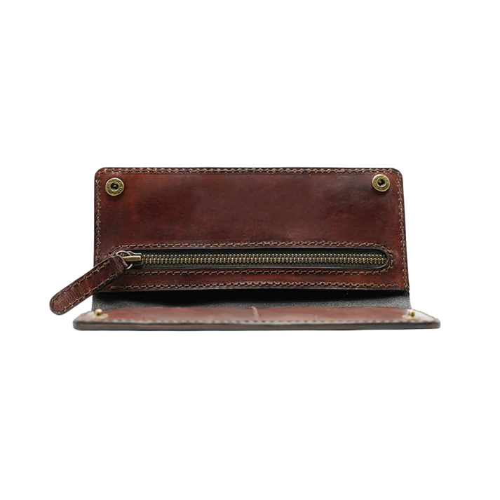 Side view of brown leather wallet showing zippered coin compartment and snap button closures.