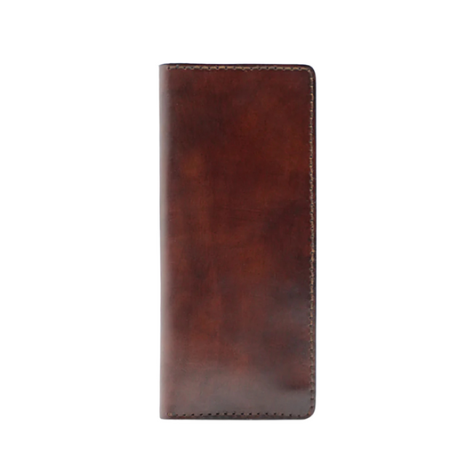 Front view of long brown leather wallet with smooth polished finish.