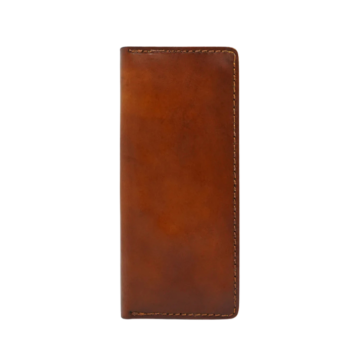 Front view of long tan brown leather wallet with clean stitching and minimalist design.
