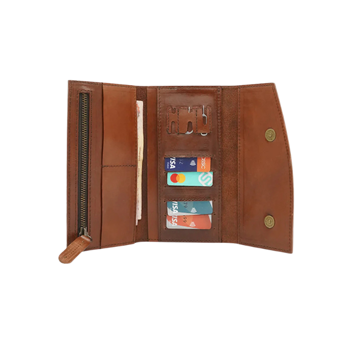 Brown trifold long wallet for men filled with credit cards and currency inside compartments