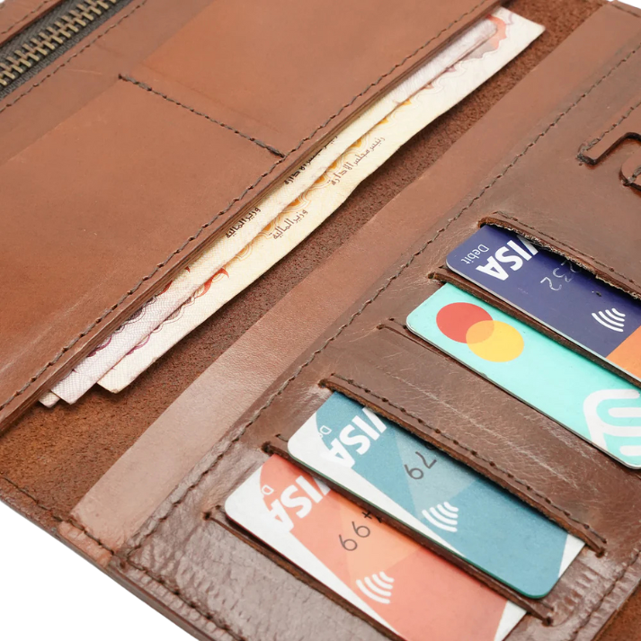 Close-up of card slots and currency pocket in genuine leather long wallet for men