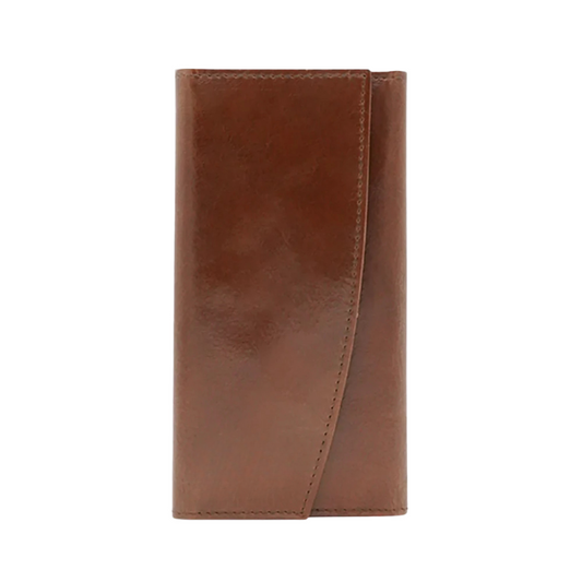 Front view of long wallet for men in genuine brown leather with curved flap