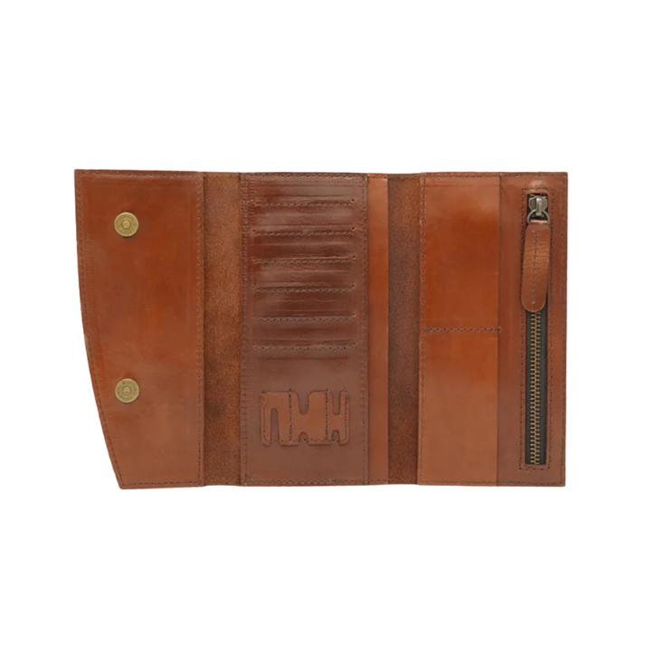 Trifold long wallet for men opened to show card slots, ID window, and zipper pouch