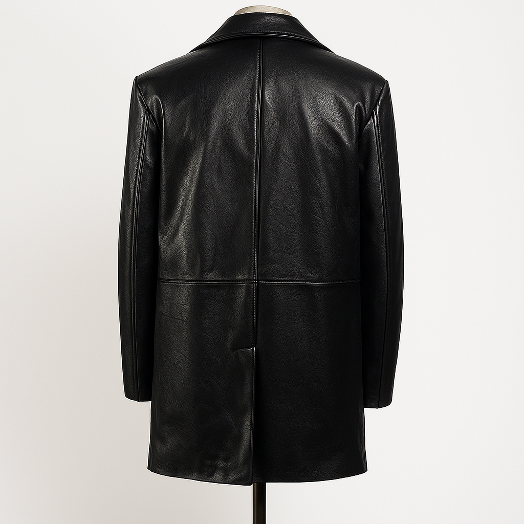 Back view of men’s black cowhide leather car coat with clean seam detailing.