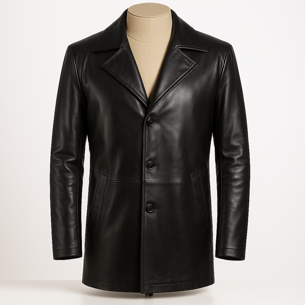 Men’s black cowhide leather car coat front view