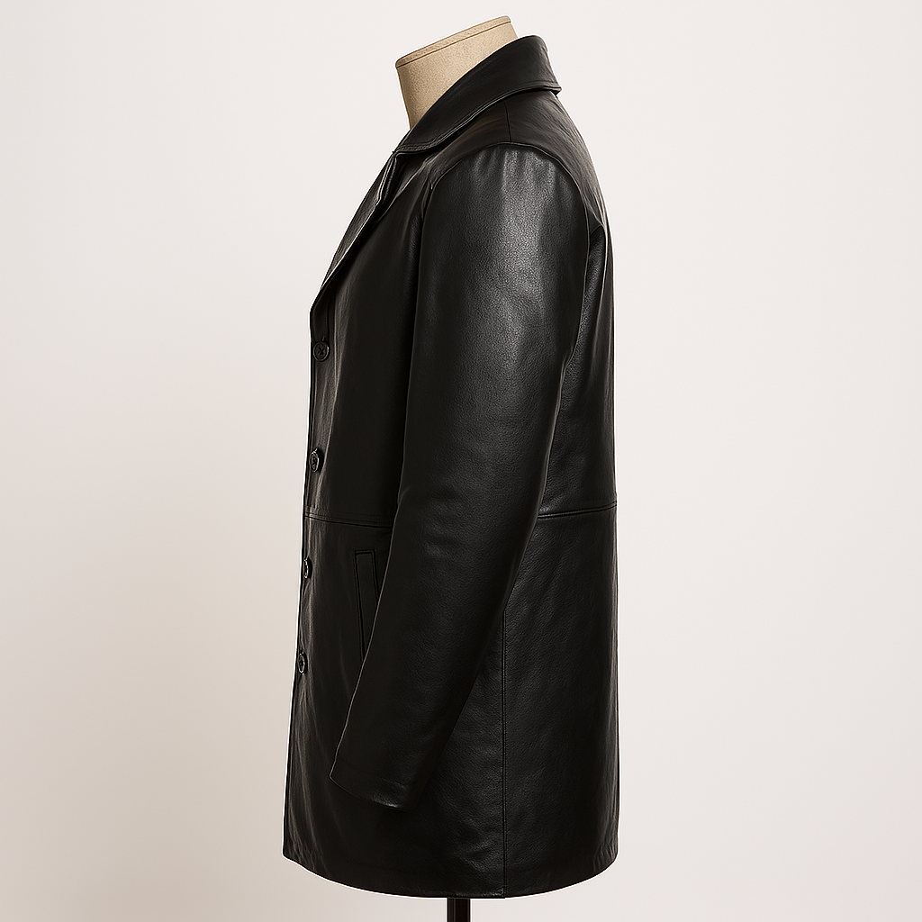 Side view of men’s black cowhide leather car coat with notch lapel and welt pocket.