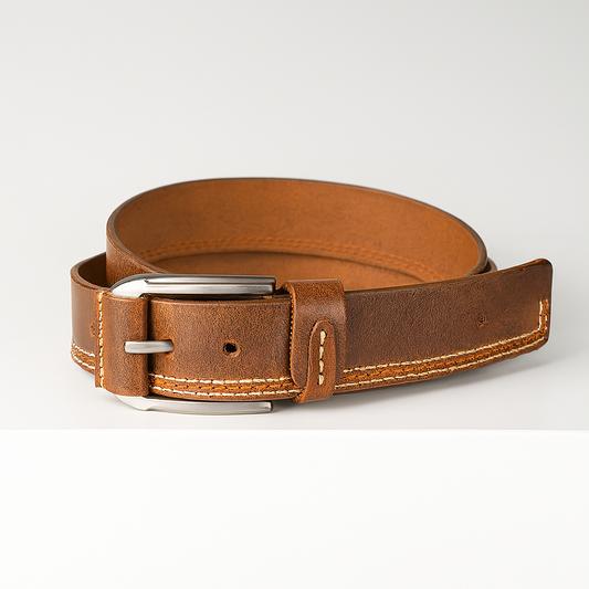 Rustic brown leather belt with contrast stitching and silver buckle, coiled neatly on a white background