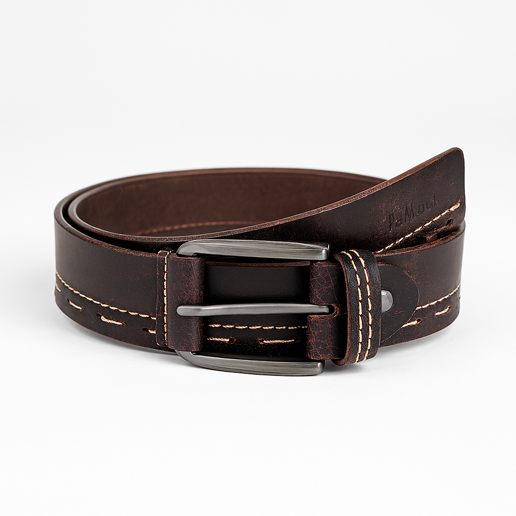 Dark brown leather belt with metal buckle