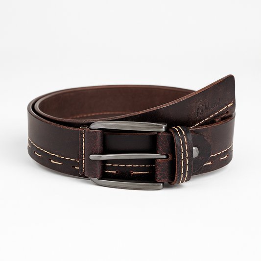 Dark brown leather belt with metal buckle