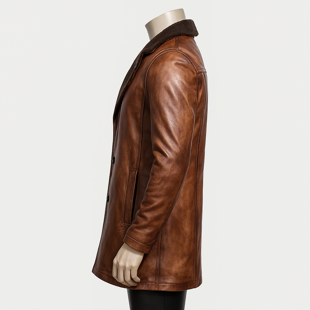 Side view of distressed brown sheepskin leather car coat with faux shearling collar.