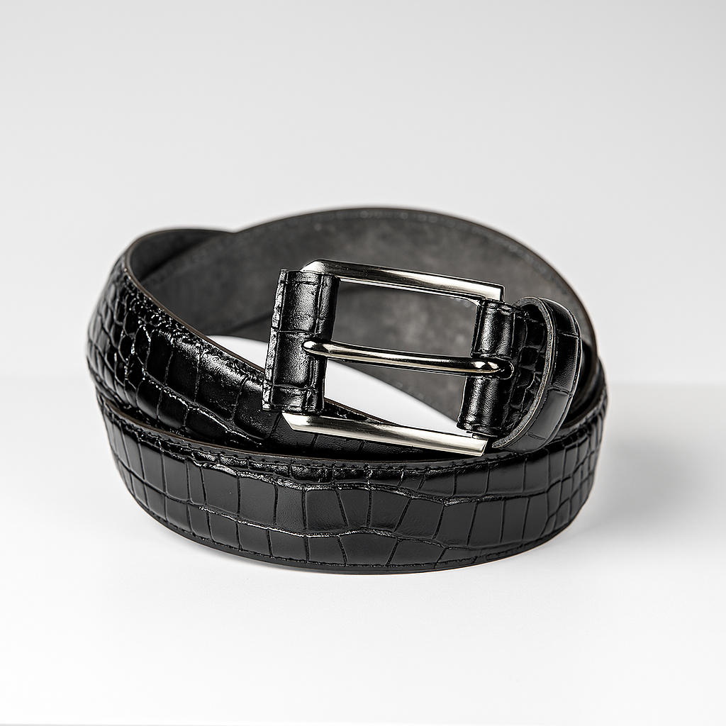 Black crocodile-textured men’s leather dress belt with silver buckle, coiled on a clean white background 