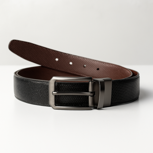 Reversible black and brown textured leather belt with gunmetal buckle, displayed uncoiled on white background
