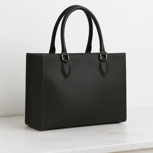 Side angle of MetroForm Luxe Black Tote with gold accents.