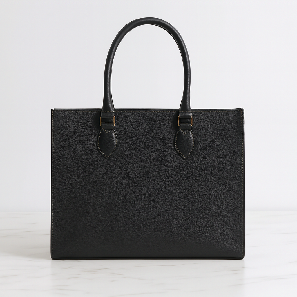 Structured front view of MetroForm Luxe Black Leather Tote Bag.