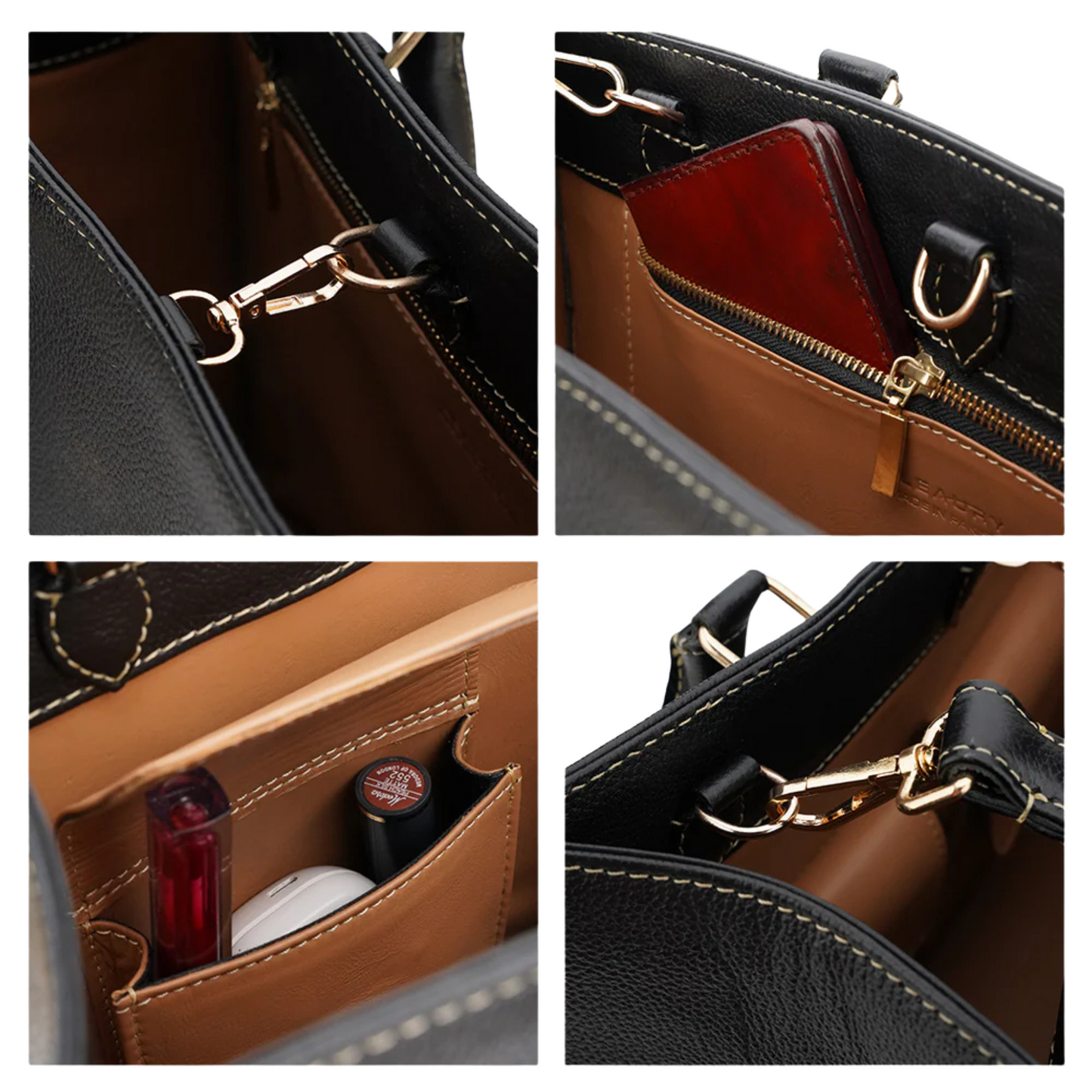MetroForm Luxe Tote interior with key clip and organized pockets.