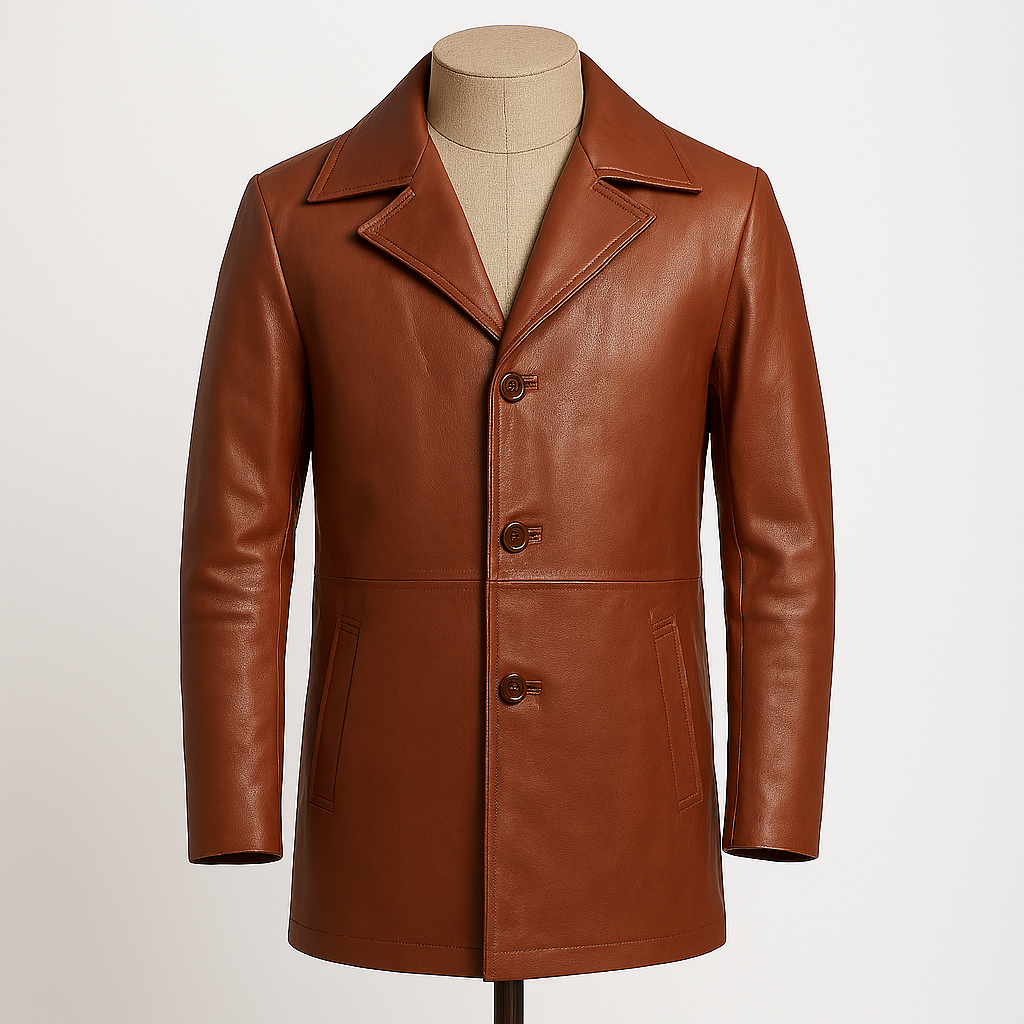Men’s tan cowhide leather car coat front view