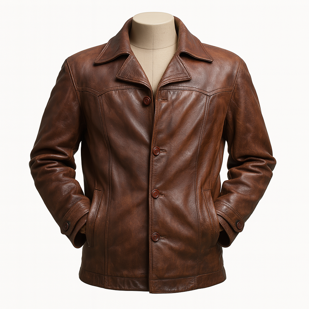 Front view of vintage brown leather coat for men made from genuine leather with button closure and classic collar
