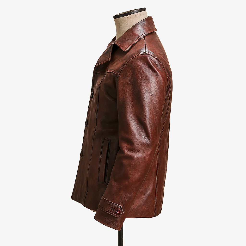 Side profile of vintage leather coat for men highlighting buttoned cuff, pocket design, and genuine leather finish