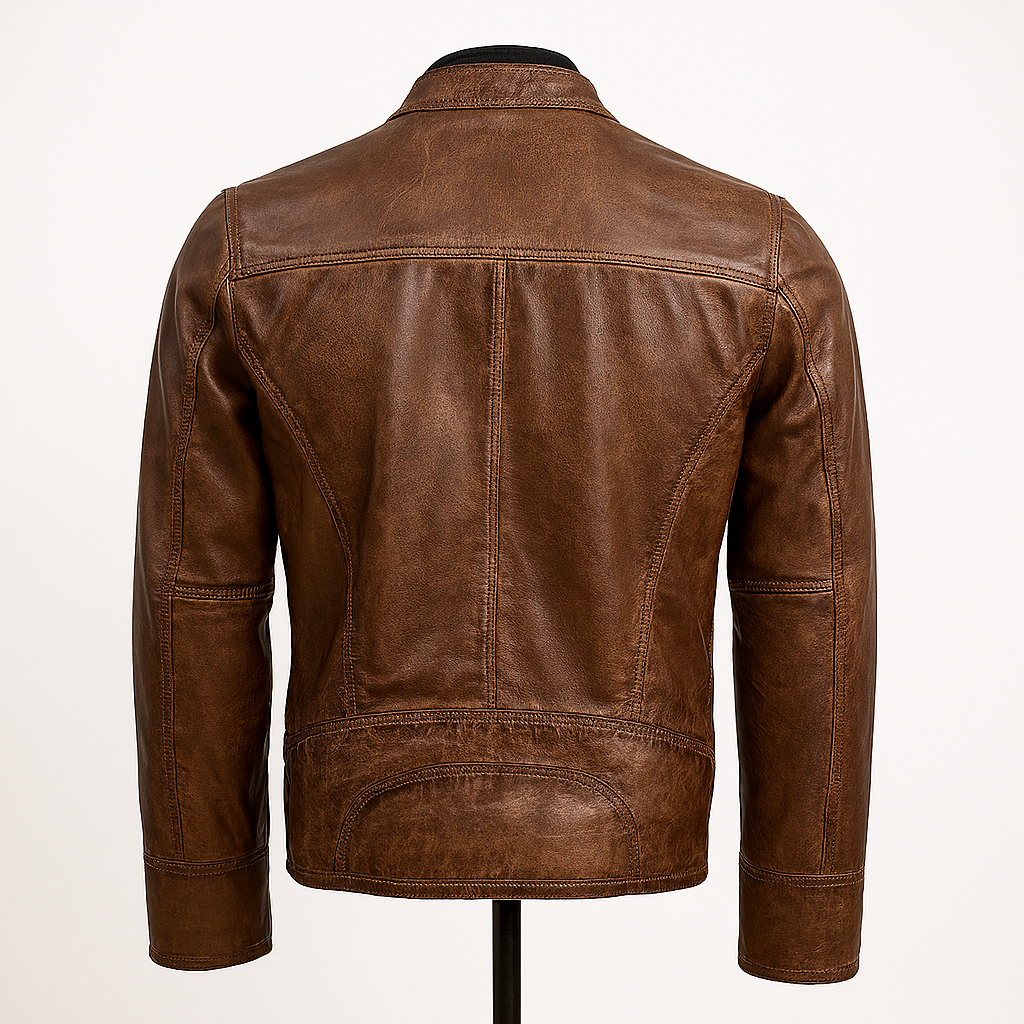 Back view of RustHawk distressed brown leather café racer jacket.