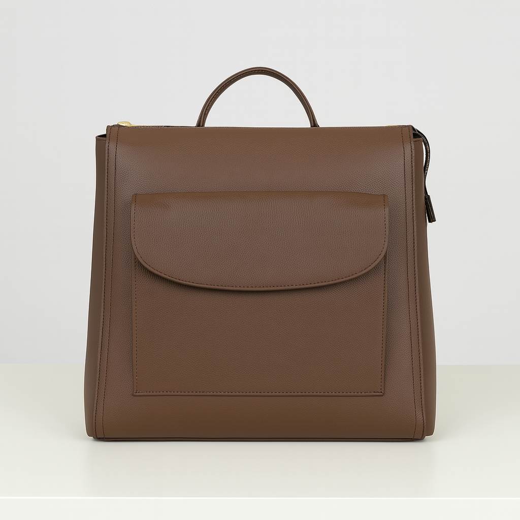 Dark Brown leather convertible backpack with top handle and front flap pocket, jacket view shown.