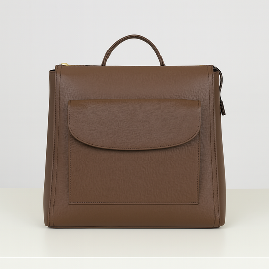 Dark Brown leather convertible backpack with top handle and front flap pocket, jacket view shown.