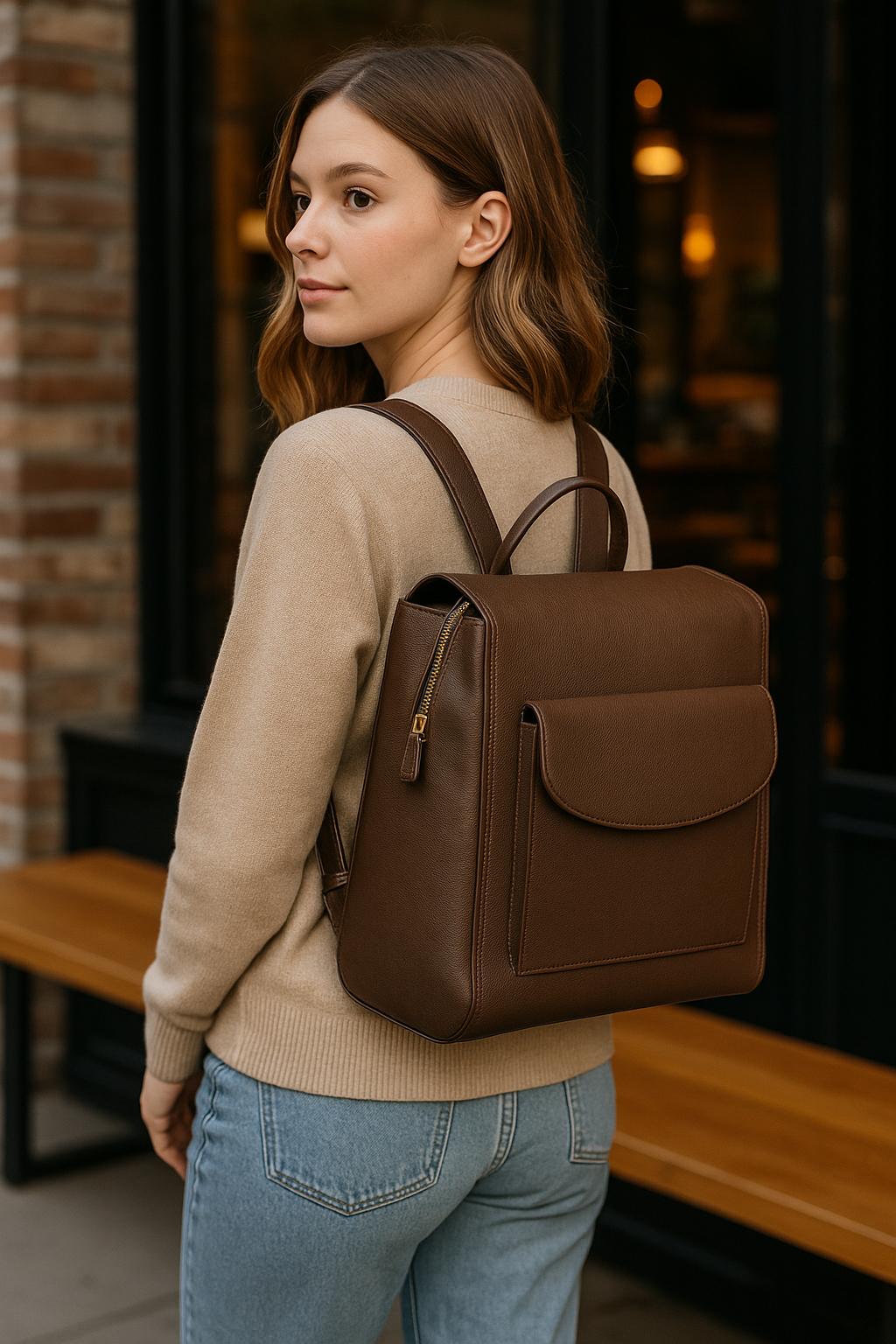 Convertible dark brown leather backpack with front pocket, worn by model