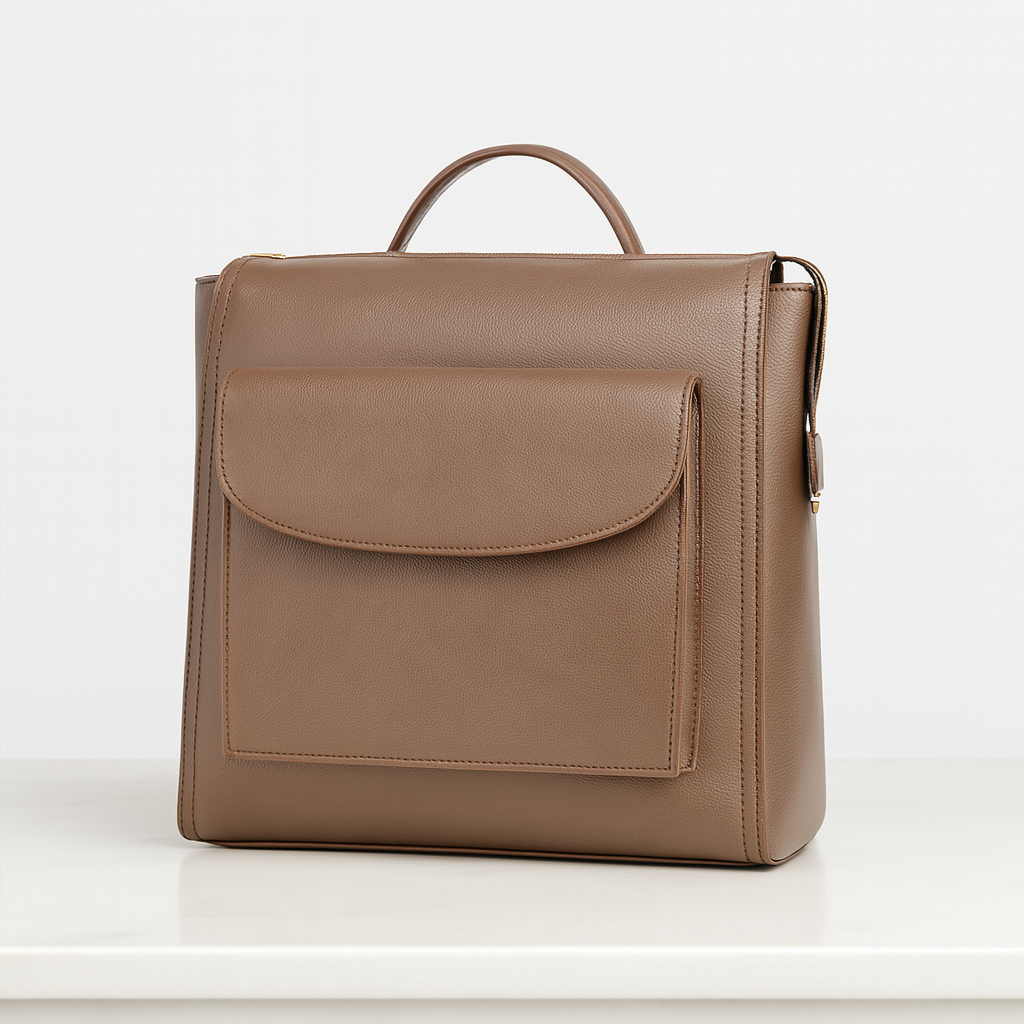 Side view of structured brown leather convertible backpack.