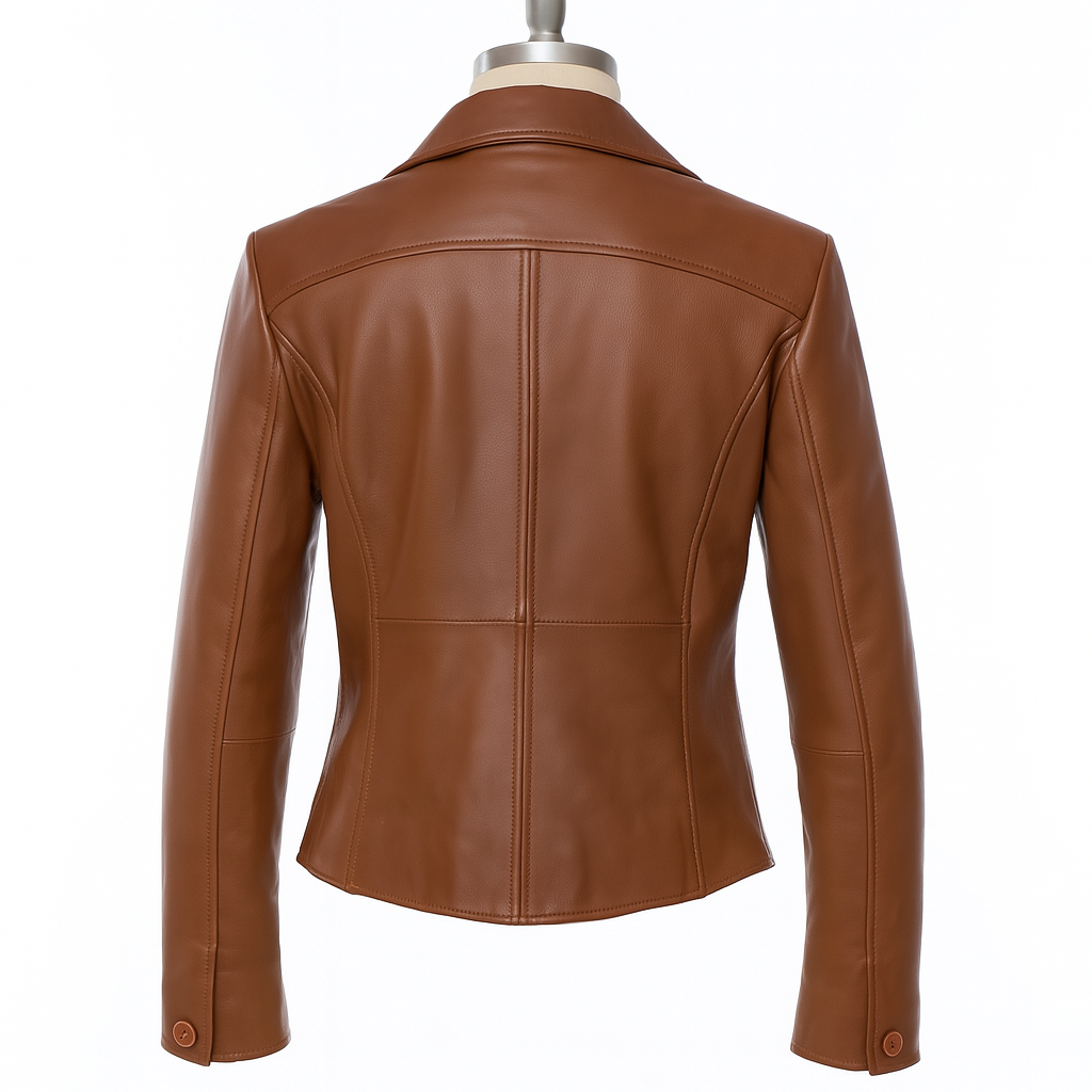 Verona Classic lambskin leather blazer, back view in tan.