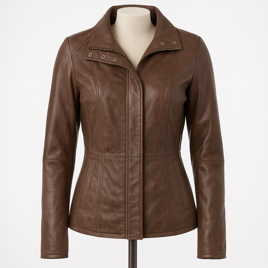 Madison Luxe women’s fitted leather moto jacket, front view in chocolate brown.