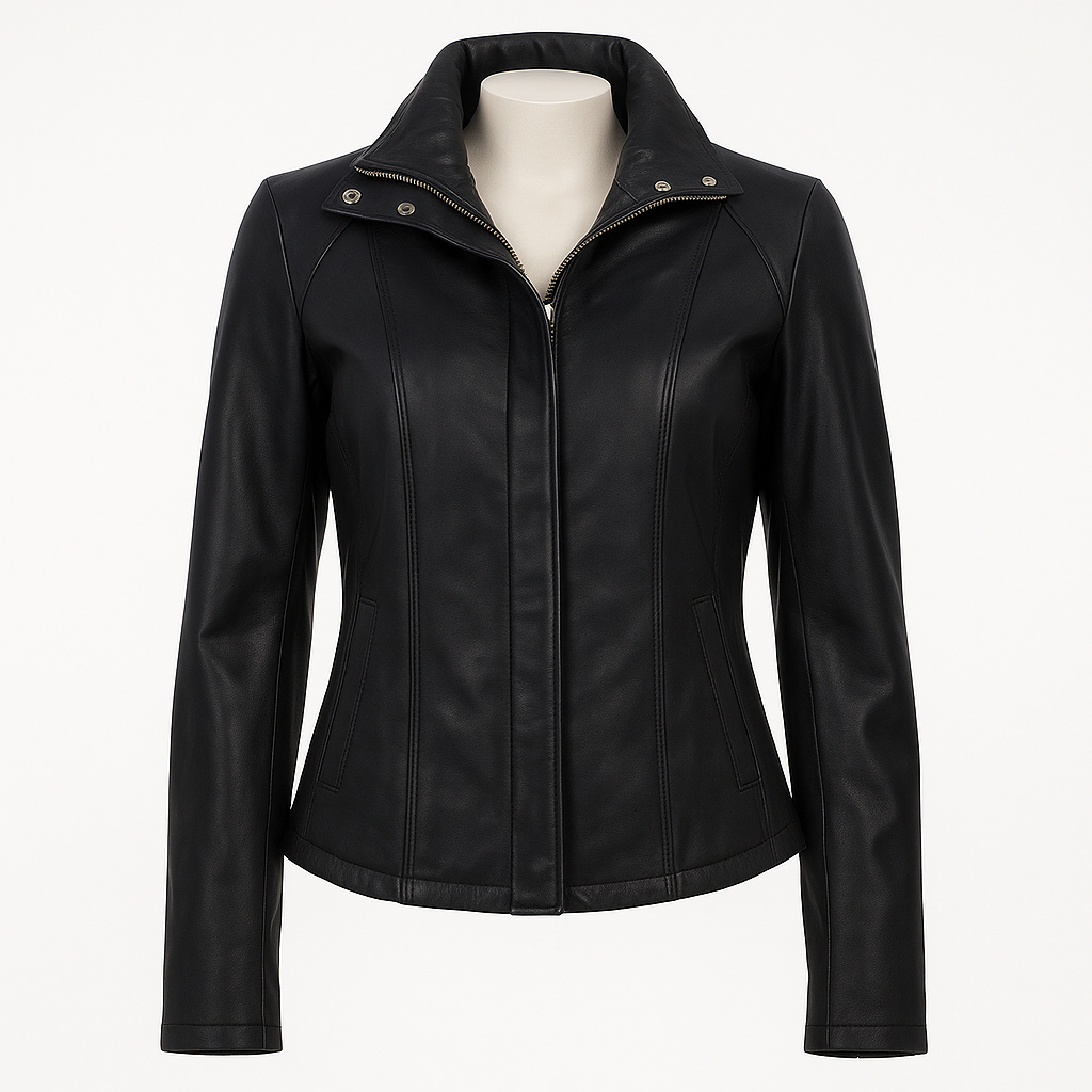 Madison Luxe women’s lambskin moto jacket, front view in classic black.