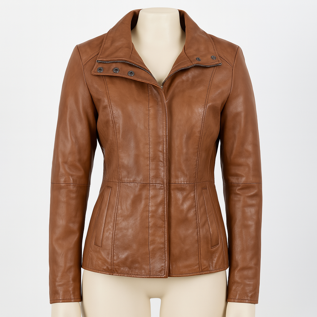 Madison Luxe women’s lambskin moto jacket, front view in tan.