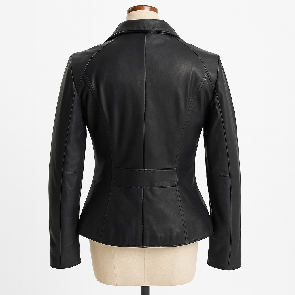 Madison Luxe women’s lambskin moto jacket, back view in black leather.