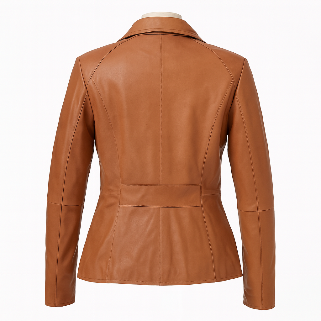 Madison Luxe women’s lambskin moto jacket, back view in tan leather.
