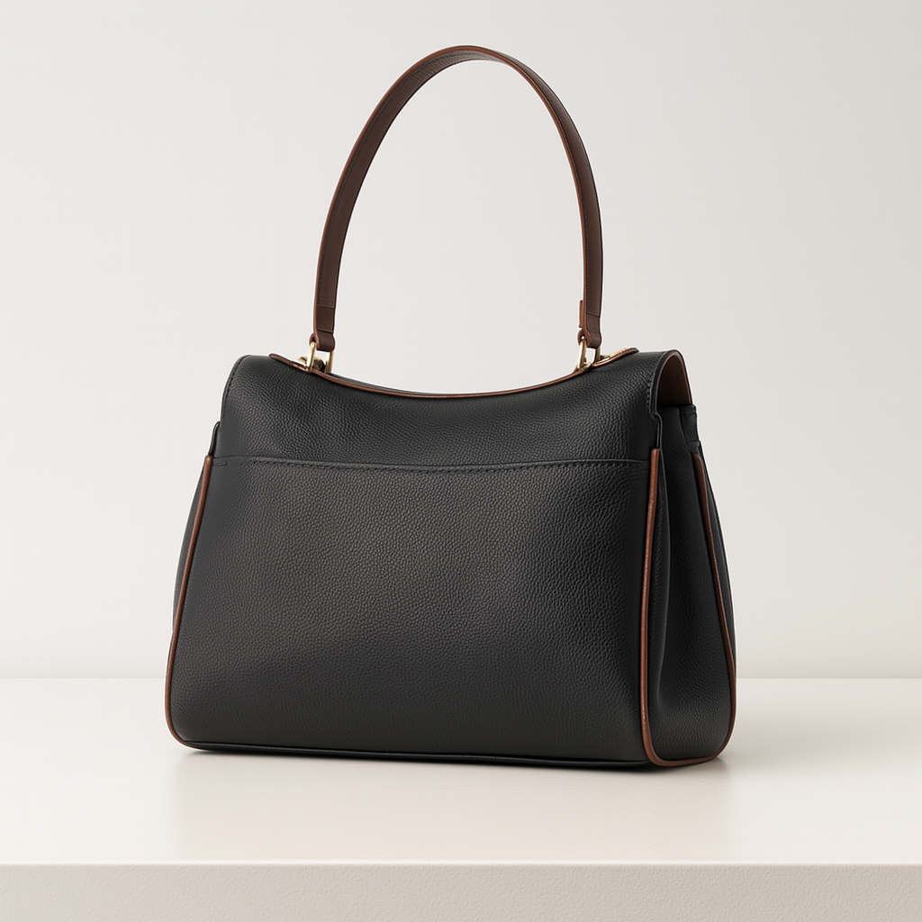Structured black leather tote with curved top flap and back profile view