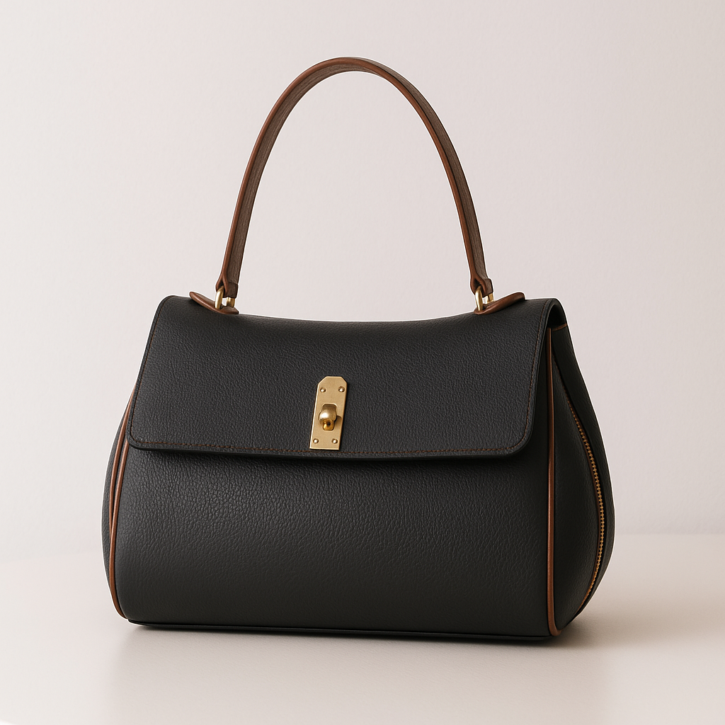 Black leather tote with top handle and gold clasp front view.
