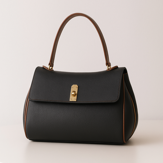 Black leather tote with top handle and gold clasp front view.
