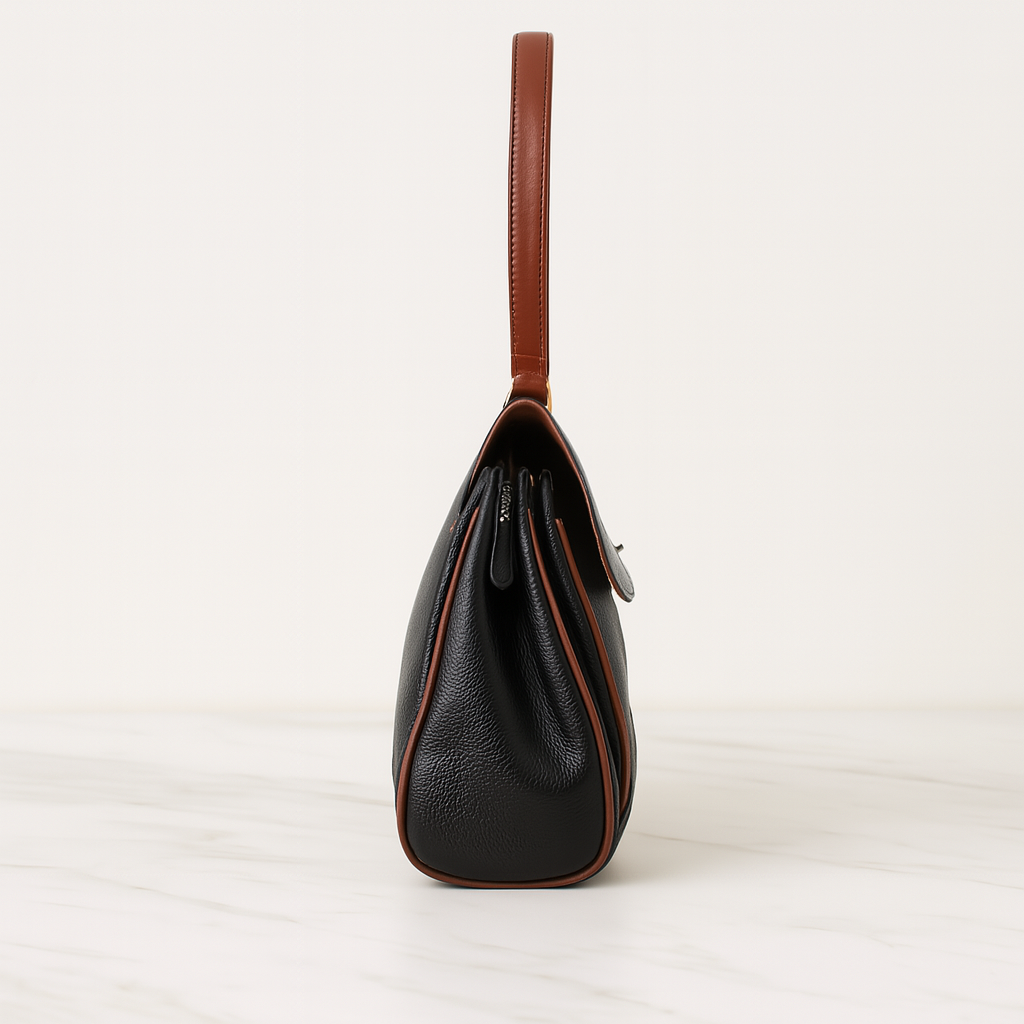 Leather tote side profile with brown strap and curved structure.