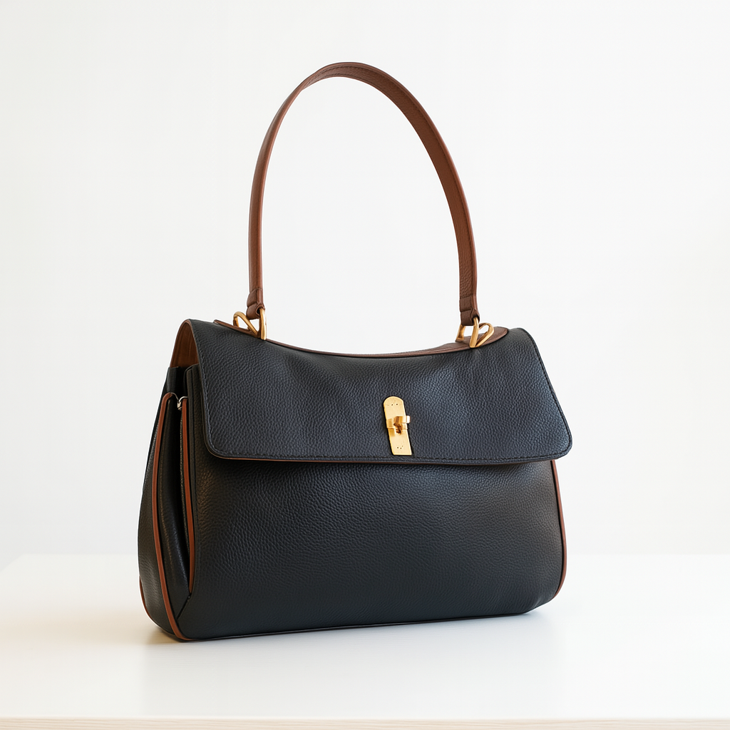 Black structured leather tote with gold clasp and brown side trim, side view included.