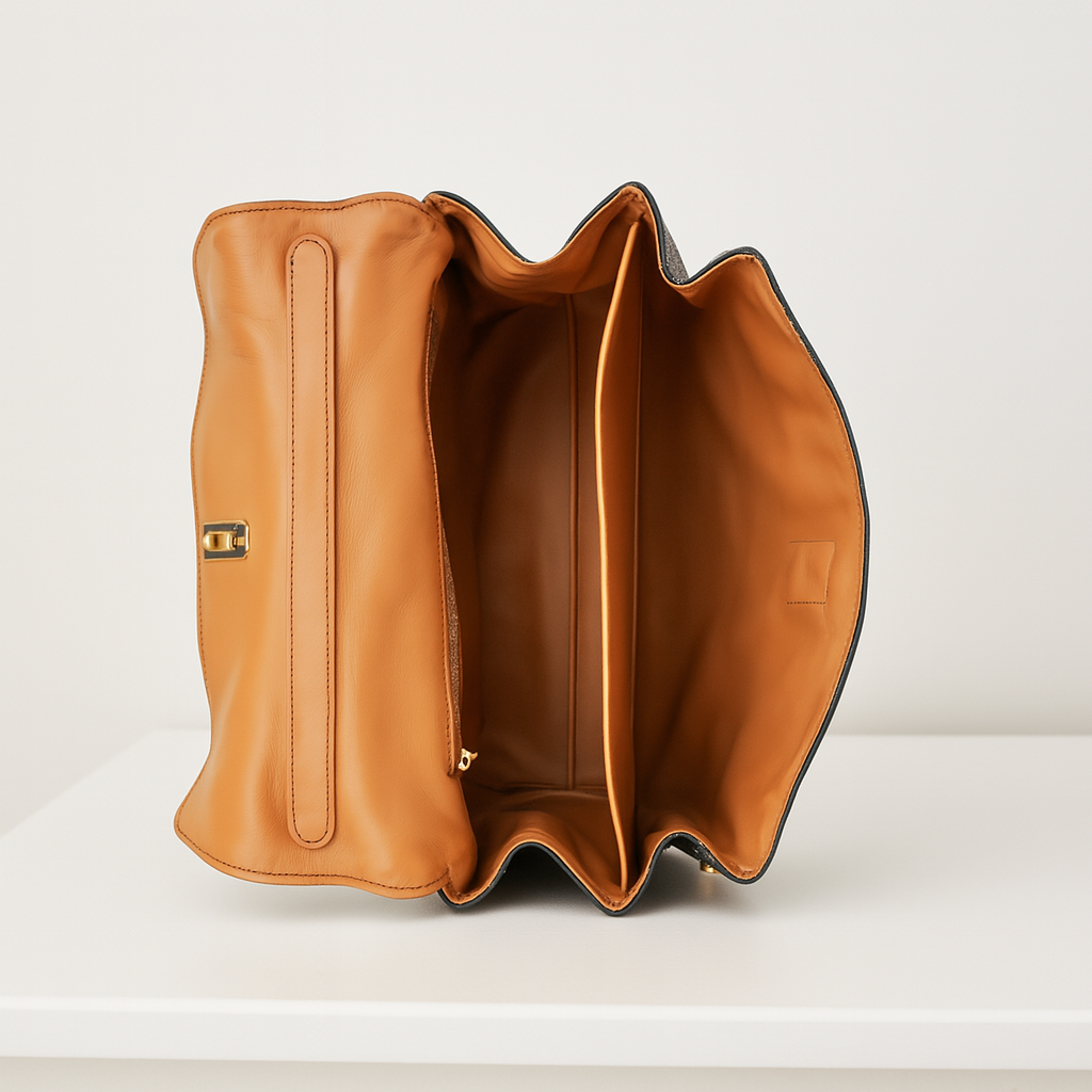 Interior view of structured leather tote with spacious dual compartments.