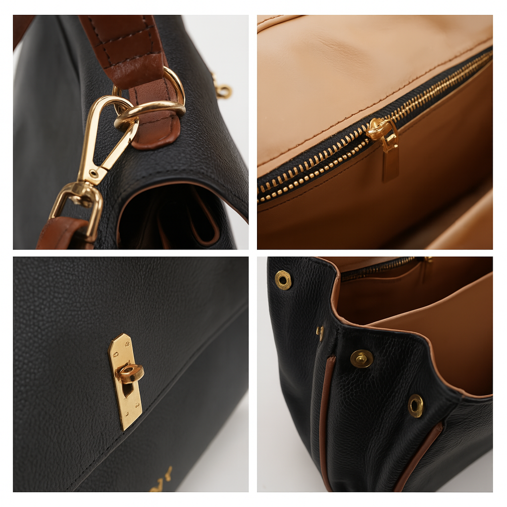 Close-up views of structured tote’s zipper, clasp, and snap details.
