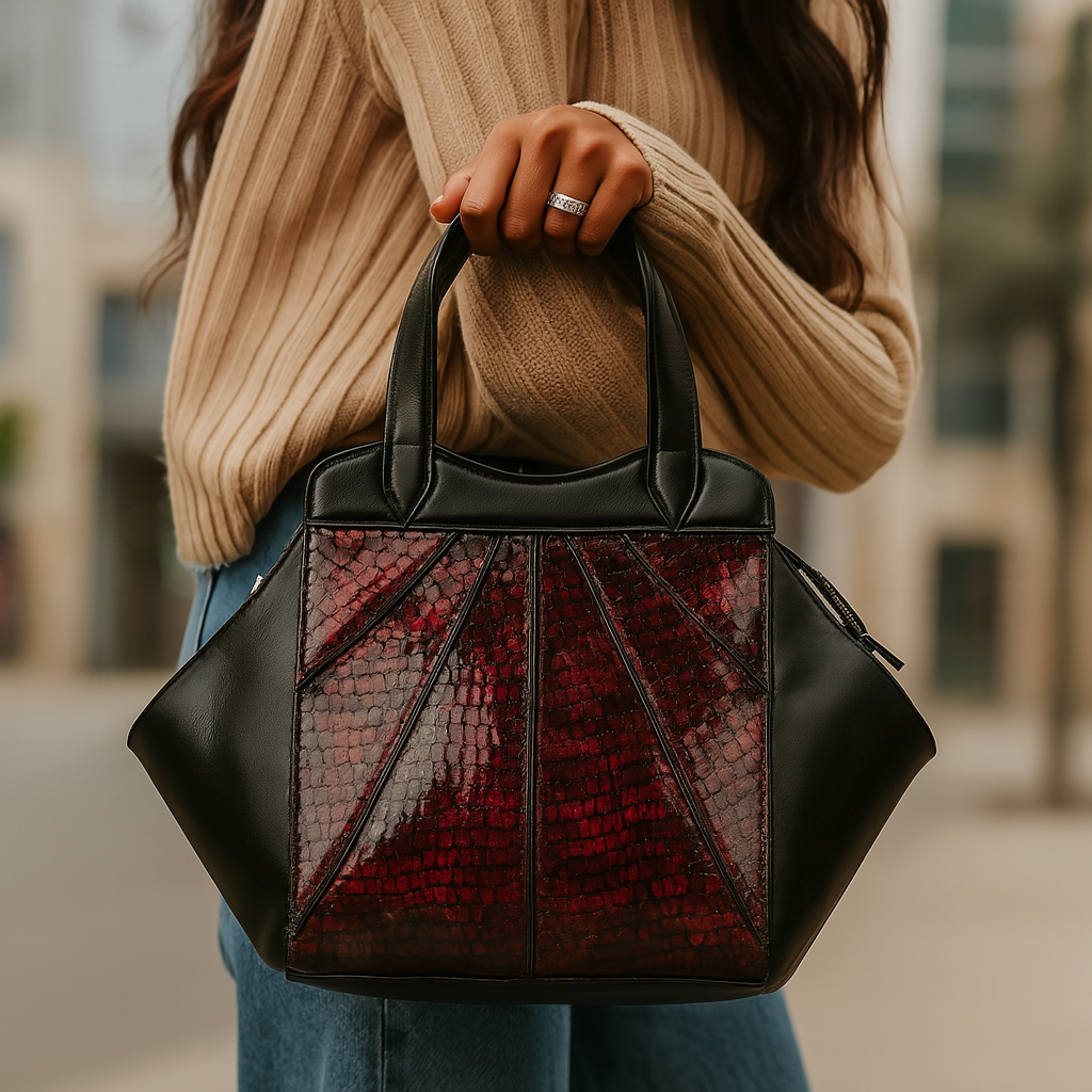 Model holding Serpentine Luxe Tote in red, front view.