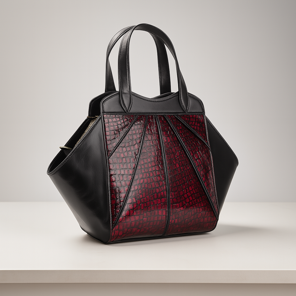 Side view of Serpentine Luxe Tote in red crocodile-embossed leather.