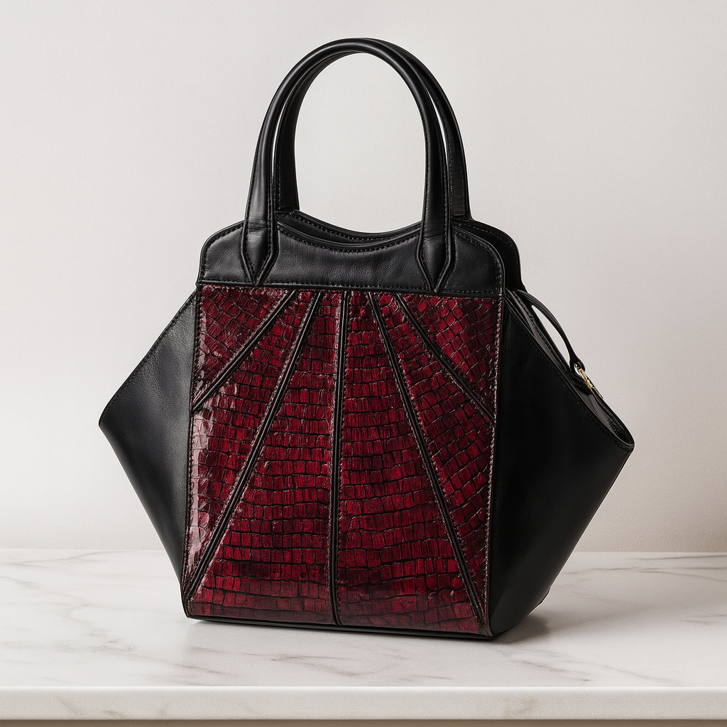 Side angle of Serpentine Luxe Tote in red crocodile-embossed leather.