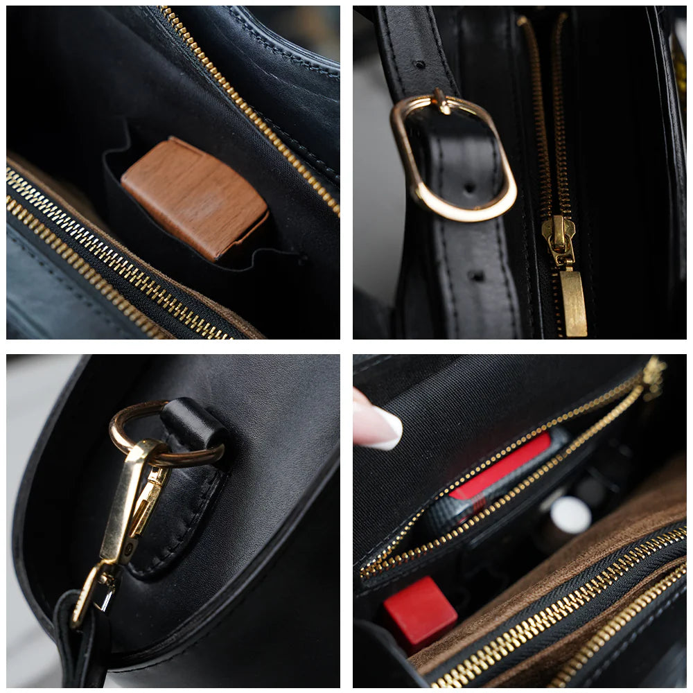 Interior details of Serpentine Luxe Tote showing zippers and compartments.